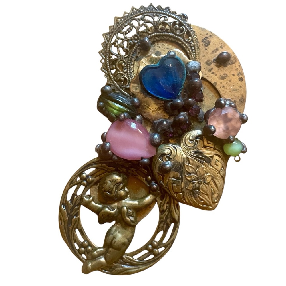 Handmade BoHo/Victorian brass/colored stones one of a kind brooch w/cherub&heart